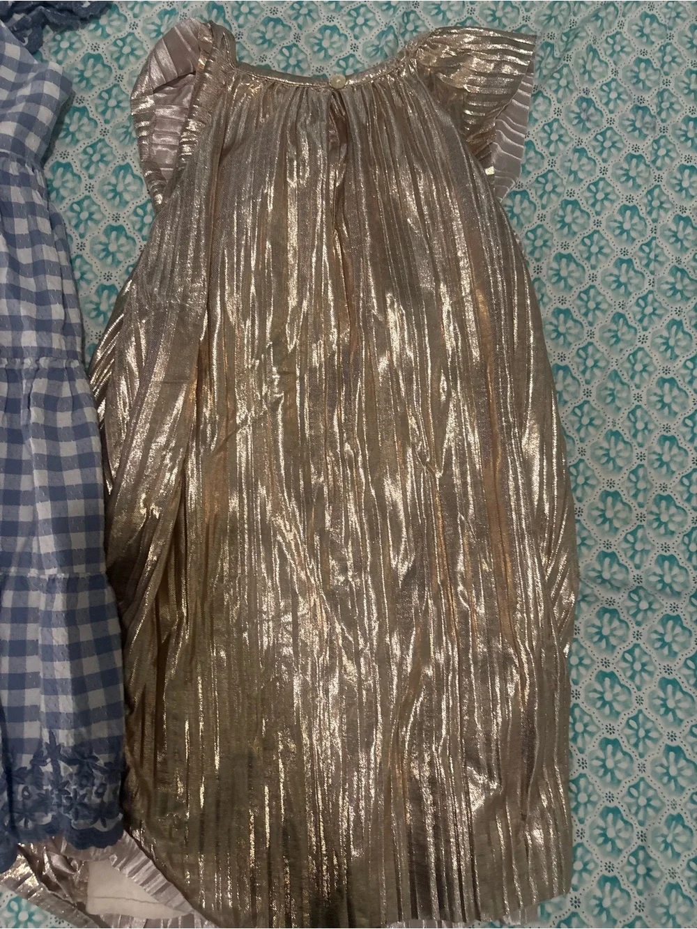 Shabby Chic Blue Gingham Dress & Gold Metallic Party Dress lot of 2 dresses
